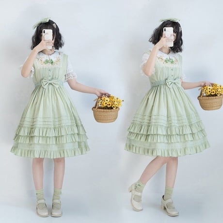 ロリータ ジャンパースカート 春夏 新作 森ガール クラッシック ドレス ワンピース ヘッドドレス付 ４色