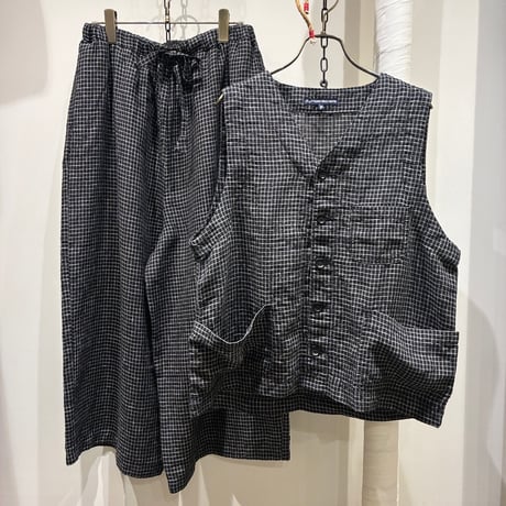 TIGRE BROCANTE （ティグルブロカンテ）Monochrome Check Linen 3PKT Work Vest(モノクロチェックリネンスリーポケットワークベスト）