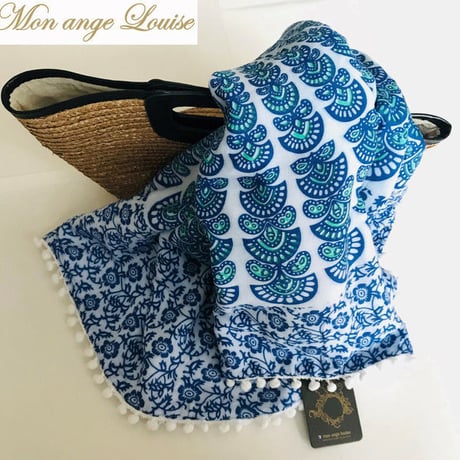 ◆Mon ange Louise◆　beach towel（blue/white）ポンポン付きOVAL型ビーチタオル（blue/white）