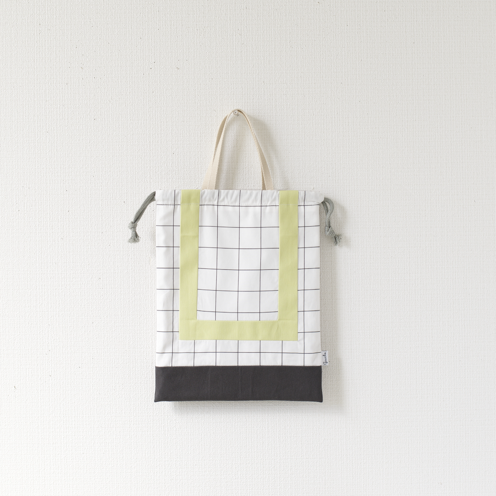 巾着型シューズバッグ ライムグリーン×チェック× チャコールグレー