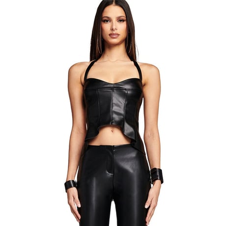 black★fake leather  tops  top–327
