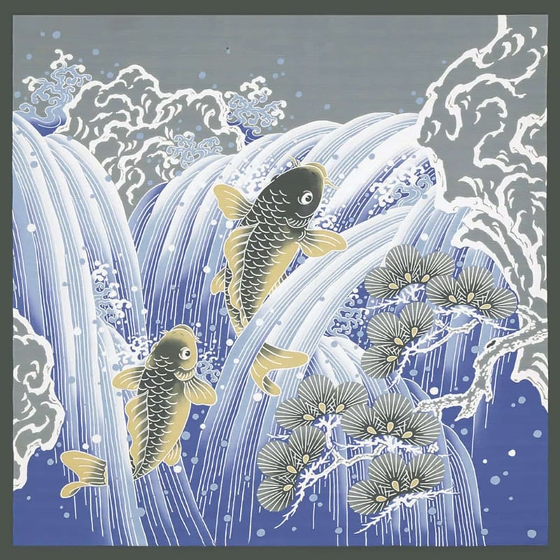 かすみ草★ちりめん押絵　鯉の滝登り　着物地　古布タペストリー かすみ草☆ちりめん押絵 鯉の滝登り 着物地 古布タペストリー