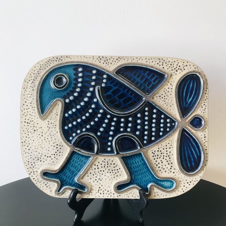 【Mari Simmulson】ブルーの鳥の陶板《Upsala Ekeby》