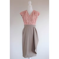 【ピンクレース×モカ】フレンチ スリーブ チューリップスカート ストレッチ ワンピース