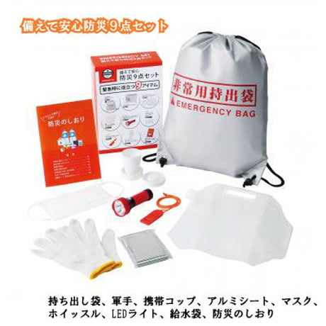 【送料無料】 備えて安心防災9点セット  防災グッズ 防災セット 防災リュック 避難リュック 避難グッズ 1人用 災害対策 防災用品 避難用品 持ち出し 袋 安全 簡易 緊急時 保管