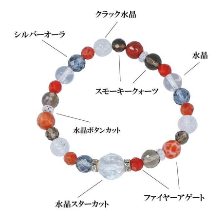 厄除けブレスレット ST-2400【パワーストーン 数珠 魔よけ 魔除け 厄除け 浄化 開運 ブレスレット 天然石 水晶 クラック水晶 スモーキークォーツ シルバーオーラ ファイヤーアゲート】
