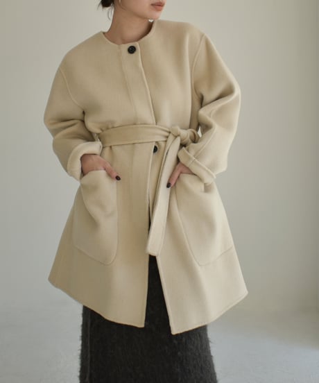 Wool Nocollar Midi Coat