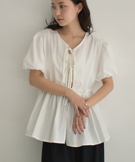 Front Ribbon Puffsleeve Blouse t1911-359