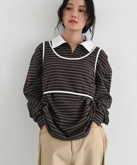 Bustier Set Random Border Rugger Shirt（Brown）t1911-519