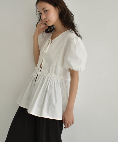 Front Ribbon Puffsleeve Blouse t1911-359