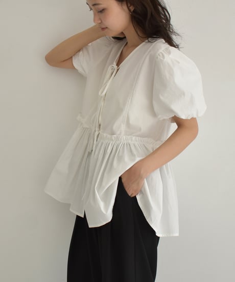 Front Ribbon Puffsleeve Blouse t1911-359