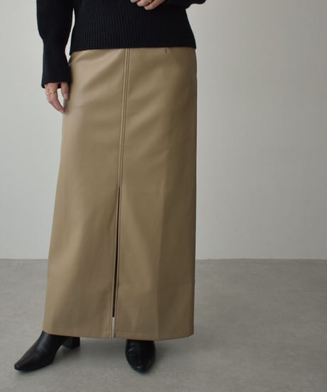 Front Slit Fake Leather Skirt