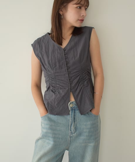 Shirring Waist Front Button Vest t1911-429
