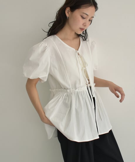 Front Ribbon Puffsleeve Blouse t1911-359