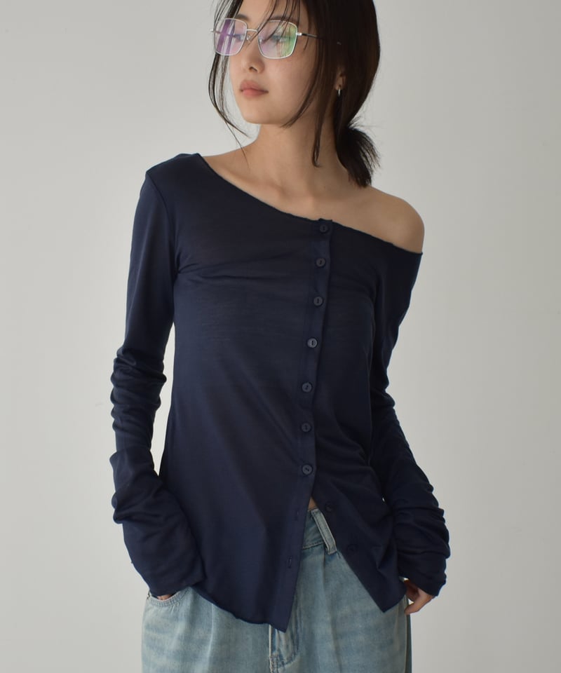 【&her 】Sheer Cardigan Set ネイビー×ライトブルー 美品 Side ribbon sheer cardigan