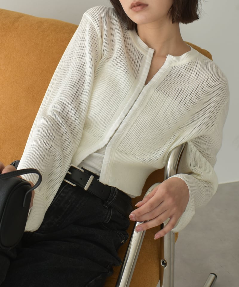 トップス MESHED KNIT CARDIGAN トップス MESHED KNIT CARDIGAN Cotton Mesh Zipped Up Cardigan