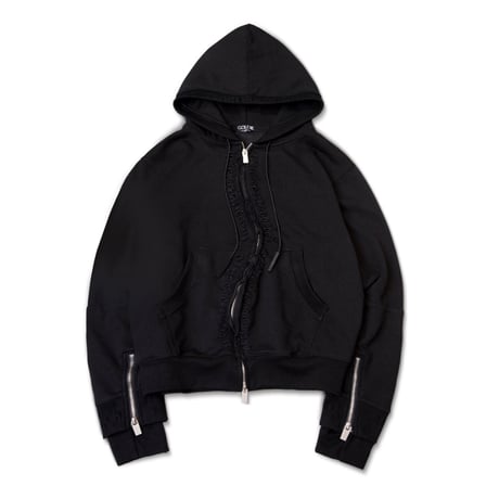 GOLDIE / DISTRESSED GC CURVED ZIP HOODIE / BLACK