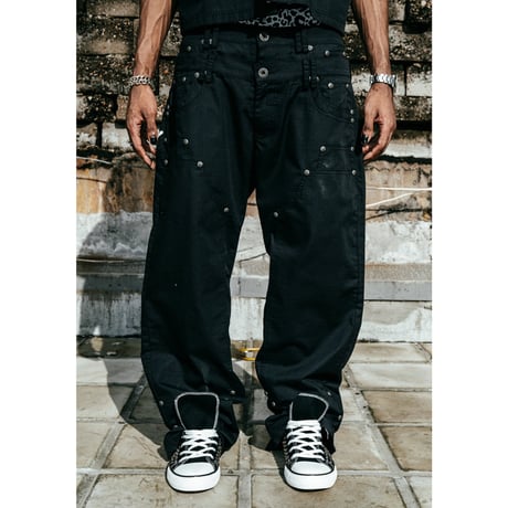 Thought We Friends / Gideon Double-Layered Workpants Distressed Baggy Denims / BLACK