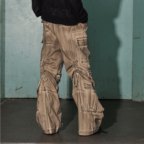DND4des / DISTRESSED DRAWSTRING ADJUSTABLE ZIPPER CARGO PANTS / SAND