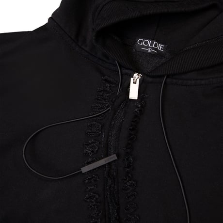 GOLDIE / DISTRESSED GC CURVED ZIP HOODIE / BLACK