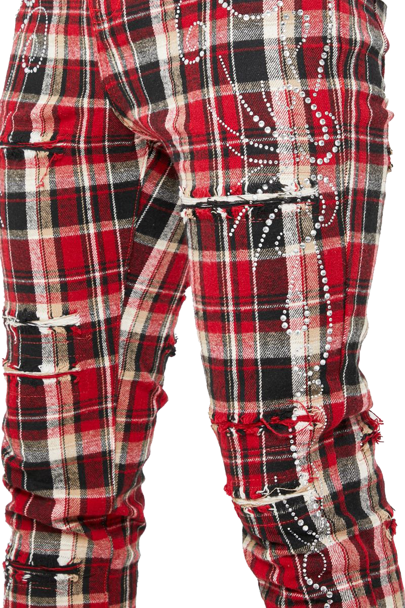 GUAPI / BLOOD RED EMBELLISHED FLANNEL PANT | PLUG