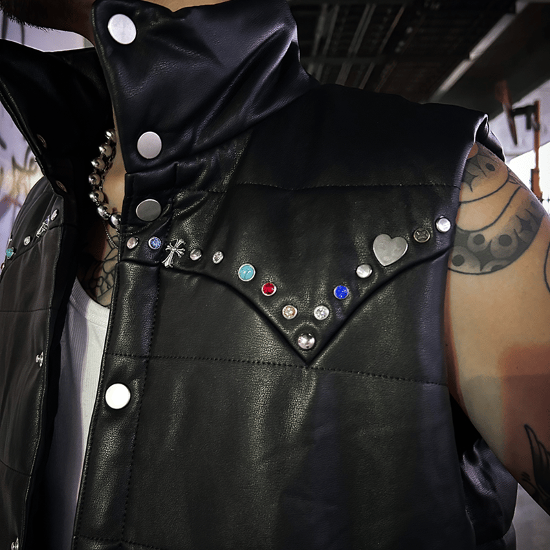 BLOOM YARD / MULTI STUDS V LEATHER VEST / BLACK