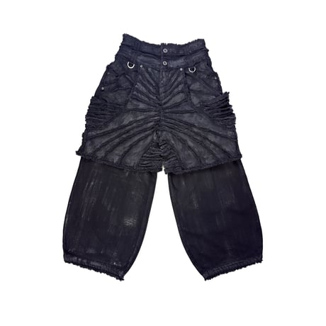 Thought We Friends / Attached Datachable Waxed Distressed Denims / BLACK