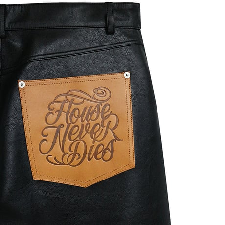 HOUSE NEVER DIES / BACK POCKET LEATHER WIDE PANTS / BLACK