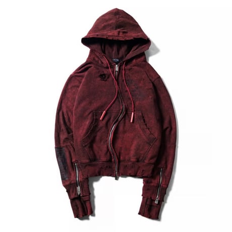 GOLDIE / DISTRESSED GC CURVED ZIP HOODIE / RED