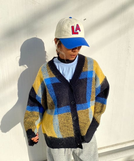 wide knit cardigan「check」#1096