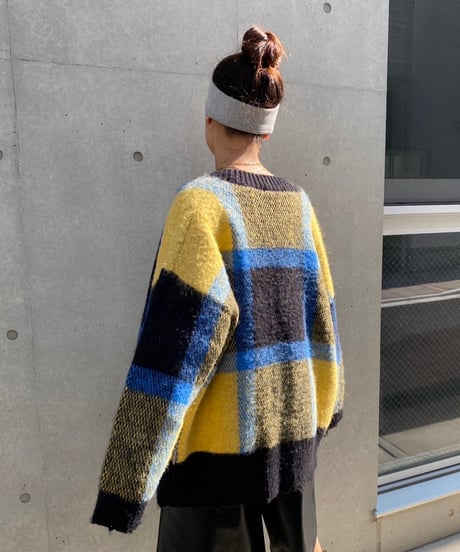 wide knit cardigan「check」#1096