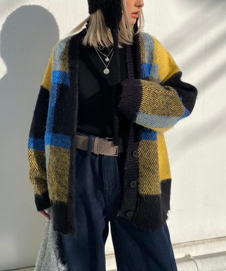 wide knit cardigan「check」#1096