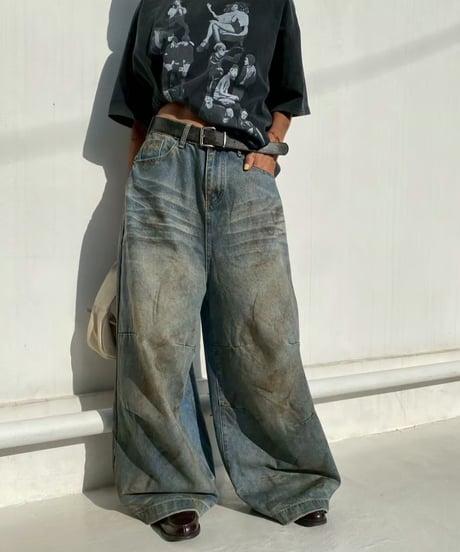 wide denim pt「dirty wash」#589163