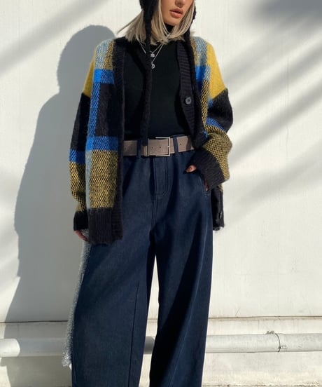wide knit cardigan「check」#1096