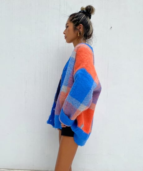wide knit cardigan「check」#1096