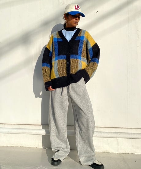 wide knit cardigan「check」#1096