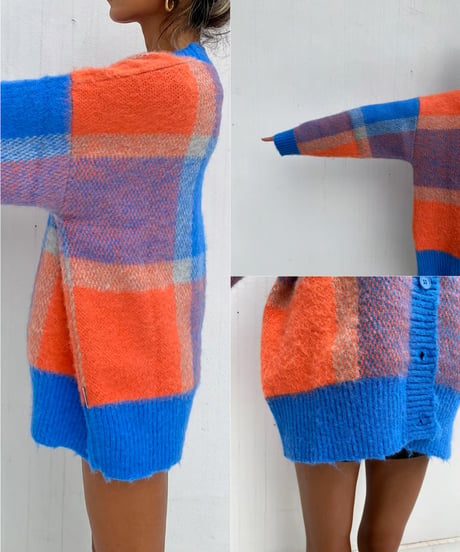wide knit cardigan「check」#1096
