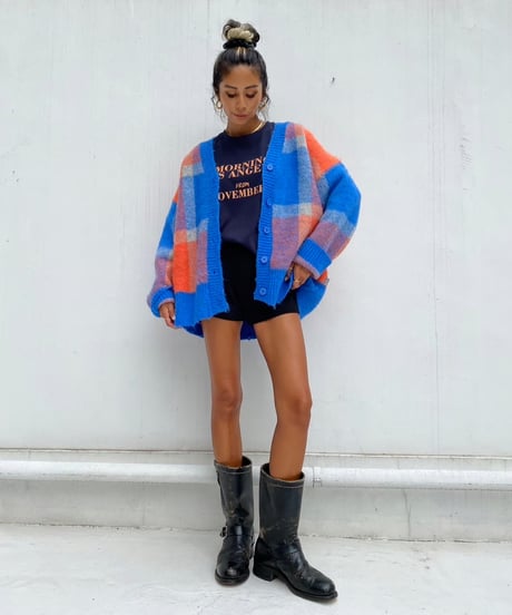 wide knit cardigan「check」#1096