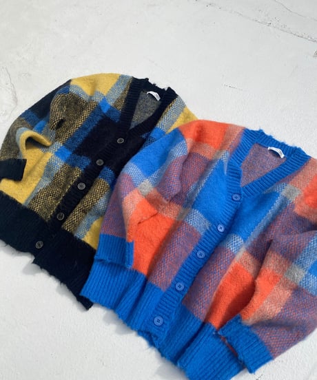 wide knit cardigan「check」#1096