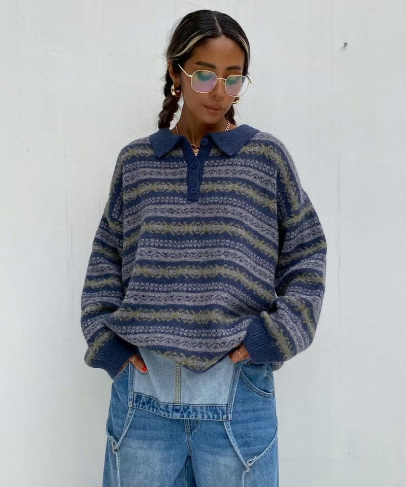 トップス teloplan Ito Collar Sweater blue pattern knit「collar」#5066159 | tablethotel-sūdo