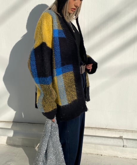 wide knit cardigan「check」#1096