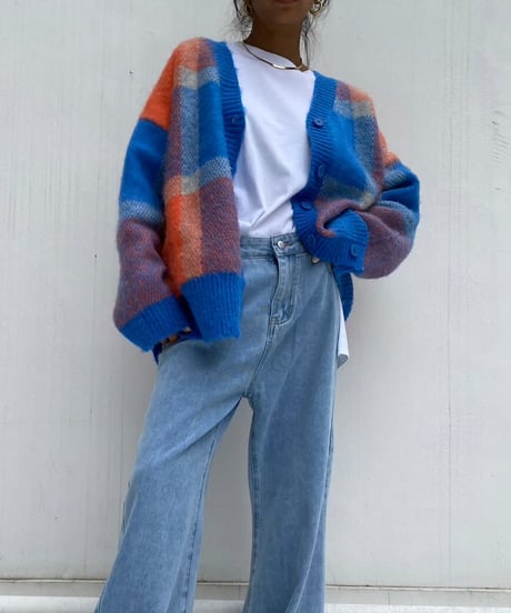 wide knit cardigan「check」#1096