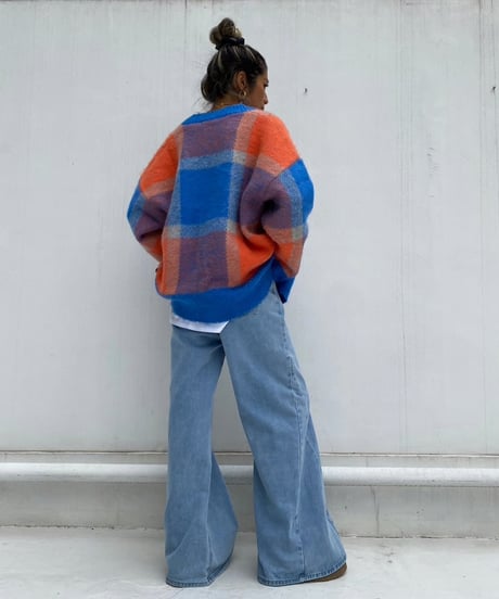 wide knit cardigan「check」#1096