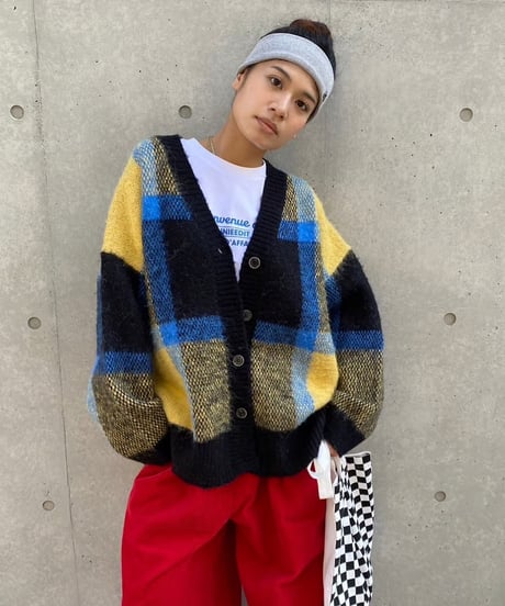wide knit cardigan「check」#1096