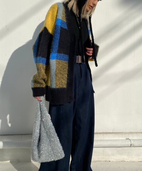 wide knit cardigan「check」#1096