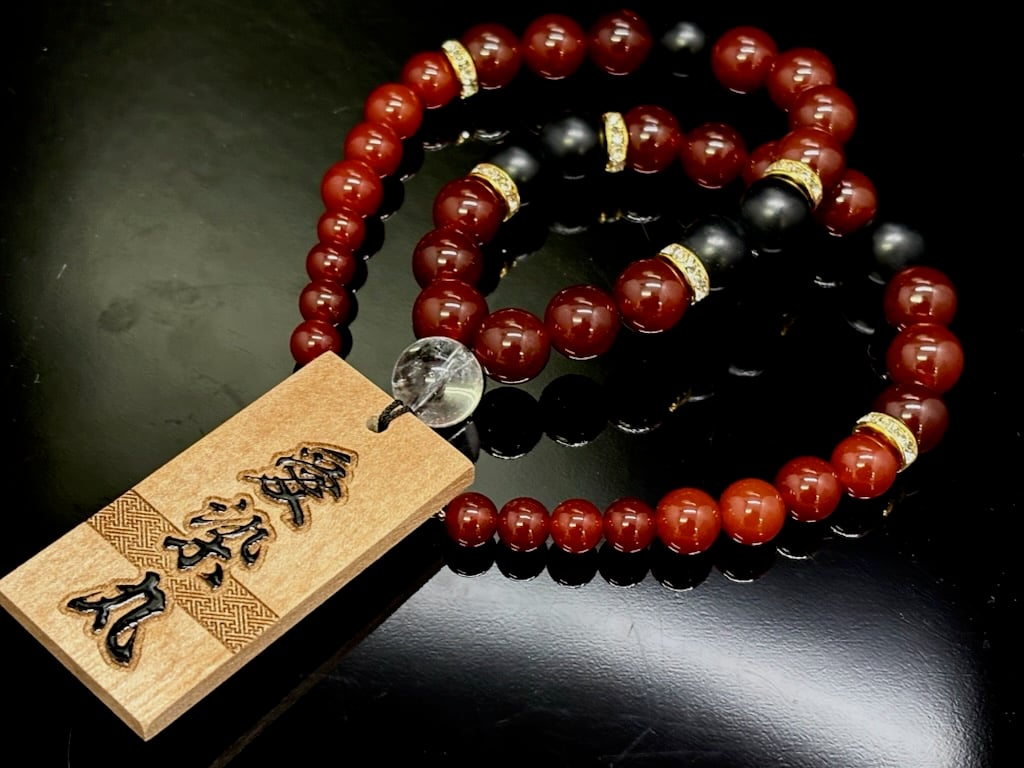 〇漆木札付き【愛染丸】赤瑪瑙×オニキス×黒檀札☆名入れ☆セミオーダー