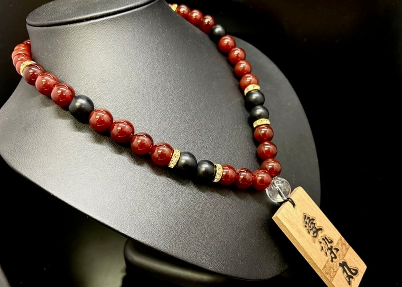 〇漆木札付き【愛染丸】赤瑪瑙×オニキス×黒檀札☆名入れ☆セミオーダー