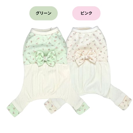 小花柄リボンロンパース（足まわりボタンタイプ）