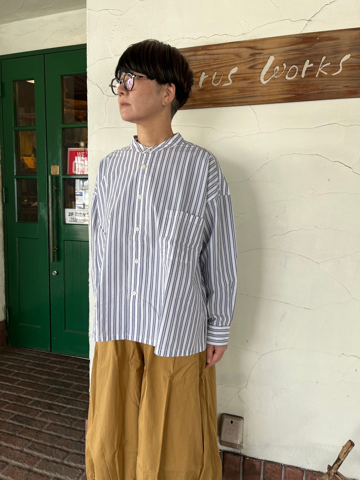 新品タグ付き☆prit スタンドカラークレリックビッグシャツ ストライプ prit] ”60/1タイプライターストライプ スタンドカラービッグ