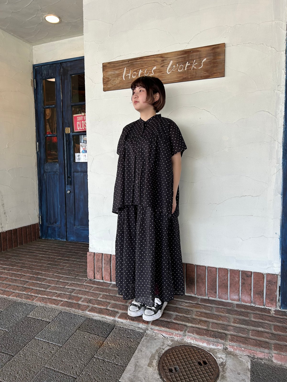 SOIL（ソイル）| コットンボイルドットプリントフレンチスリーブシャツ SOIL】 “コットンボイル ドットプリント バンドカラーフレンチ